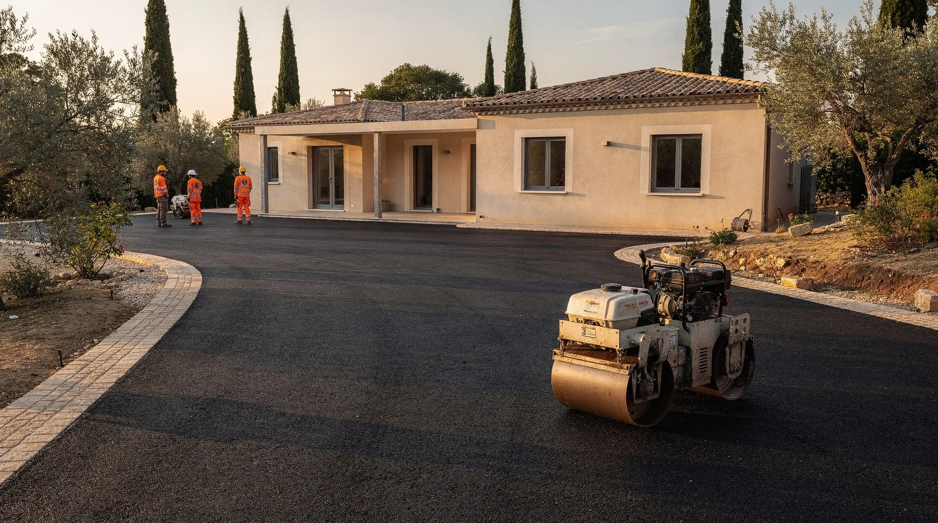 Allée carrossable en enrobé fini devant une maison