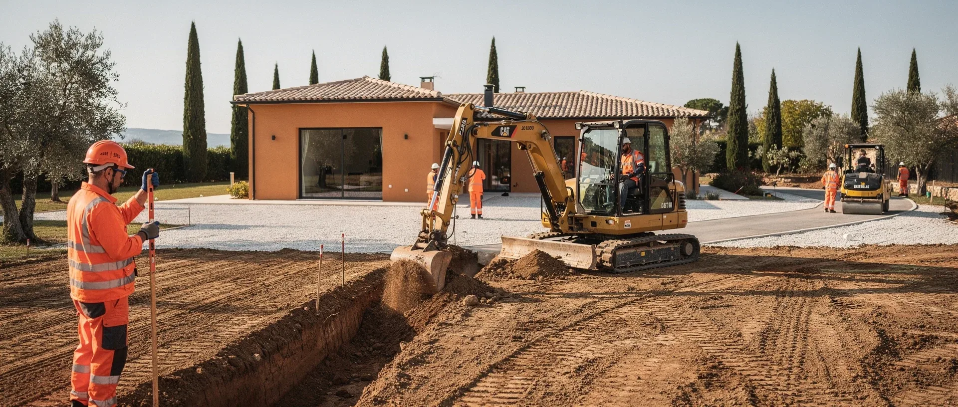 Chantier de terrassement professionnel devant une maison en Haute-Garonne, mini-pelle Caterpillar jaune en action