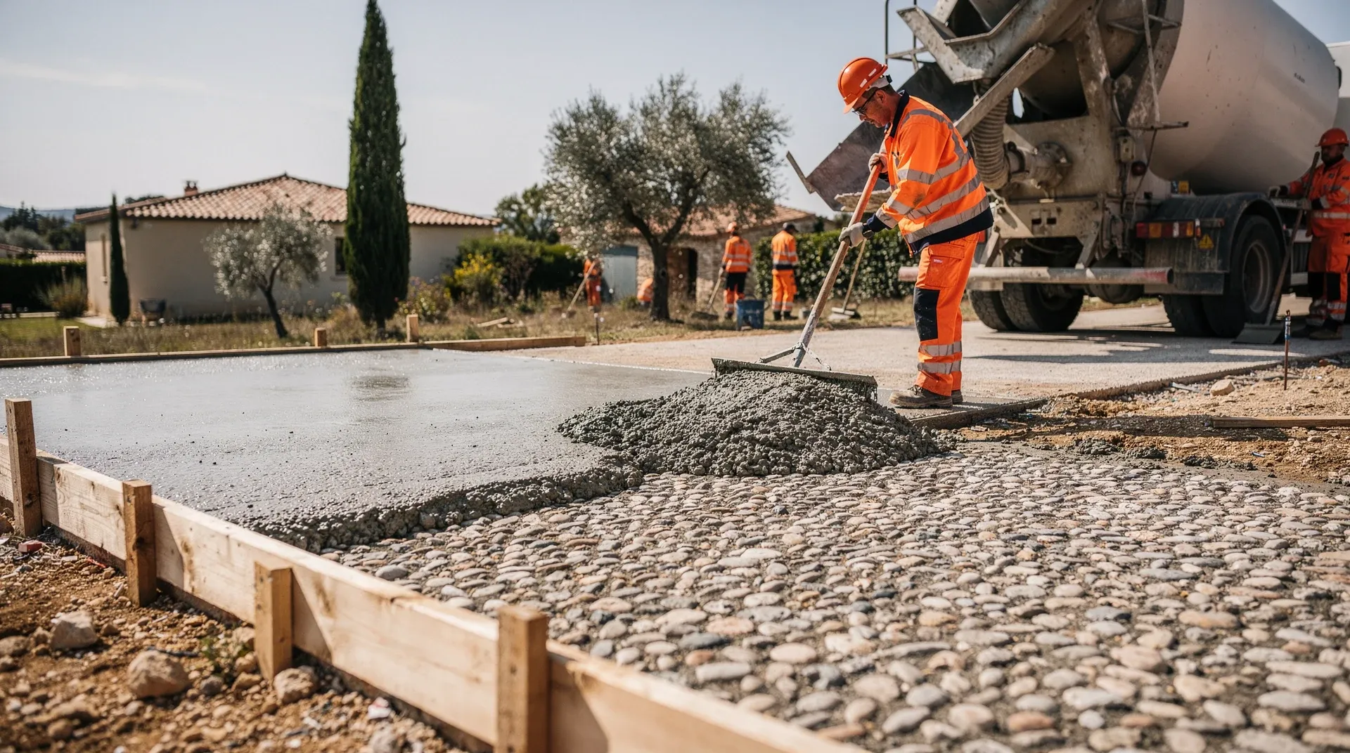Coulage de béton désactivé avec granulats apparents dans un coffrage en bois