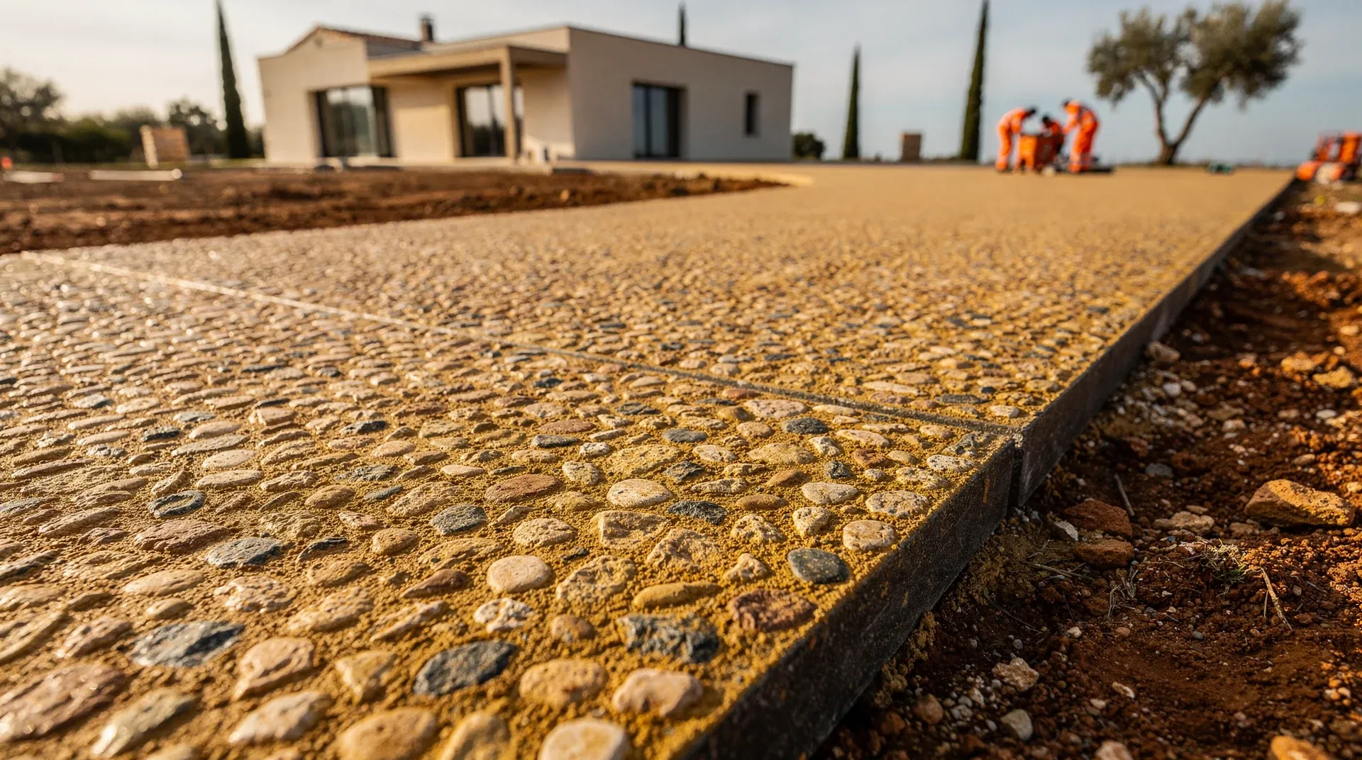 Détail d'une allée en béton désactivé fini, galets ocre apparents avec matrice miel