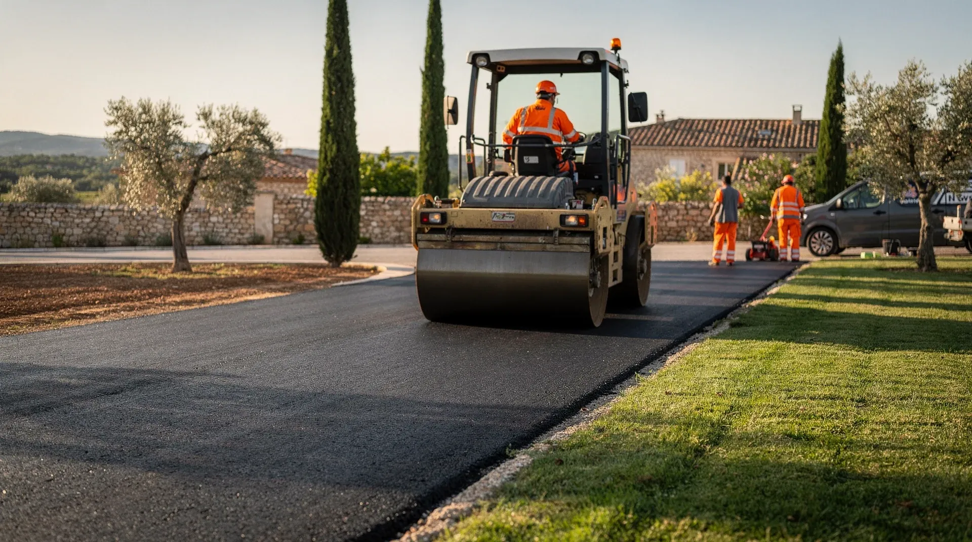 Rouleau compacteur tandem finalisant une allée en enrobé noir