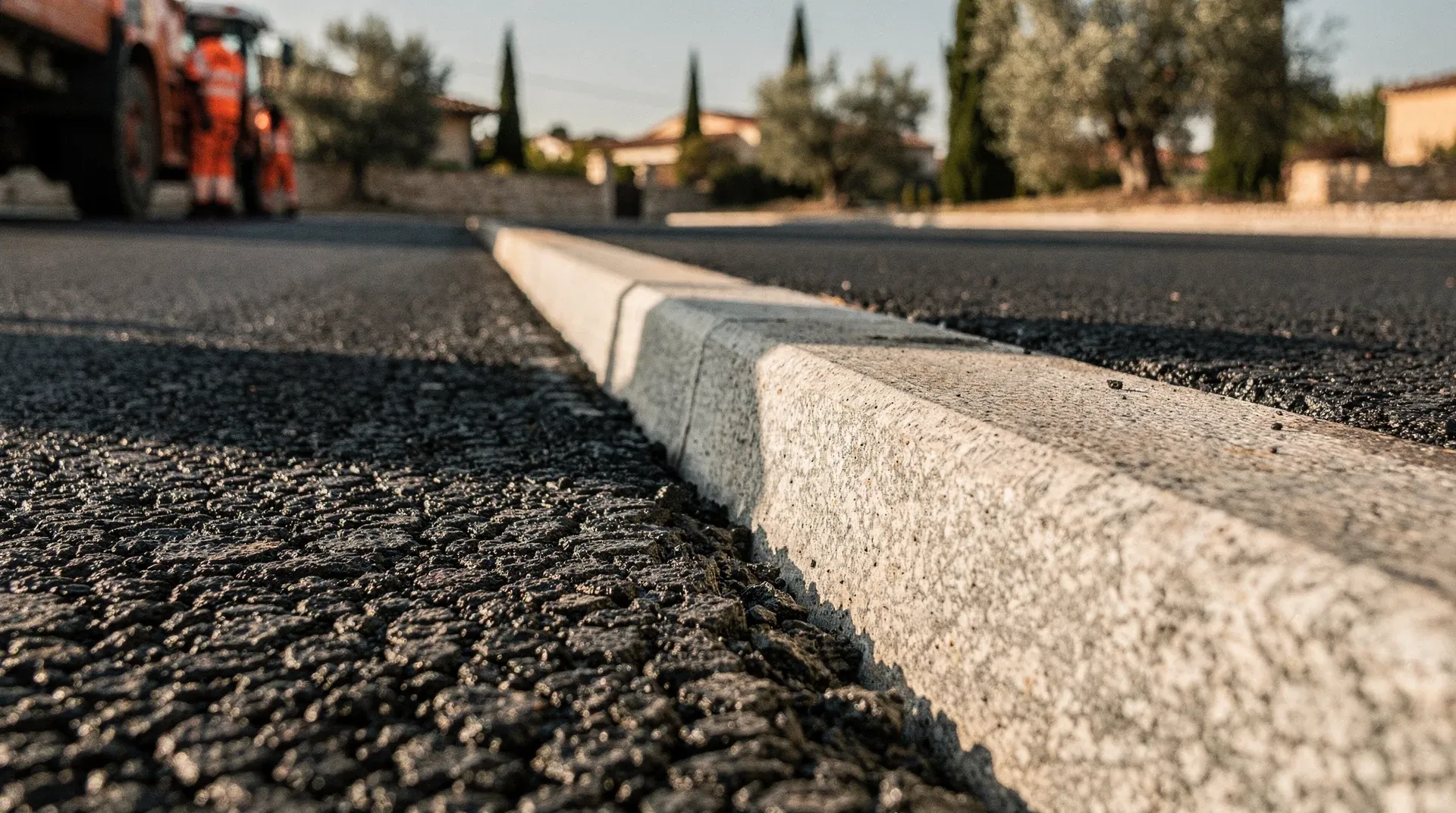 Détail d'un bord d'allée goudronnée avec joint propre contre une bordure en granit