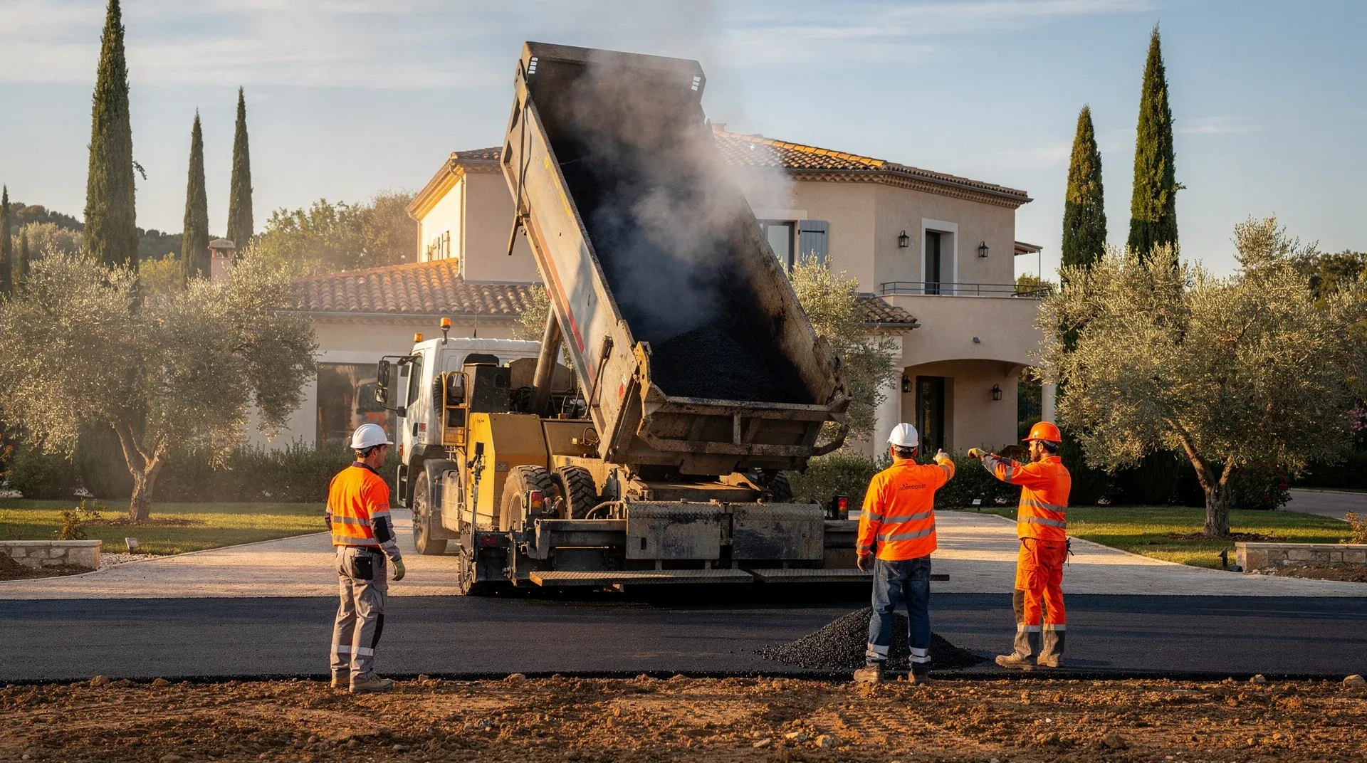 Camion-benne déversant l'enrobé chaud dans la trémie d'un finisseur pour une cour privée en Occitanie