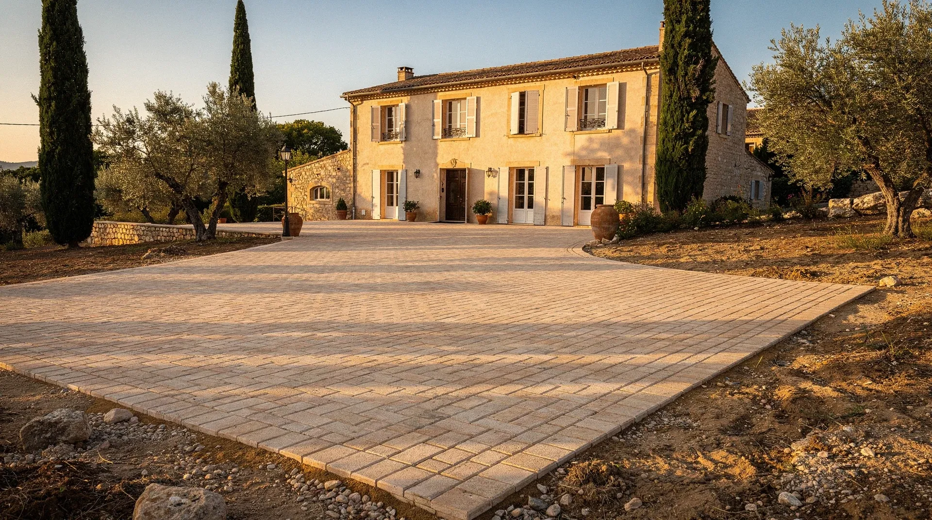 Allée en pavés finie, motif chevron, devant une villa occitane