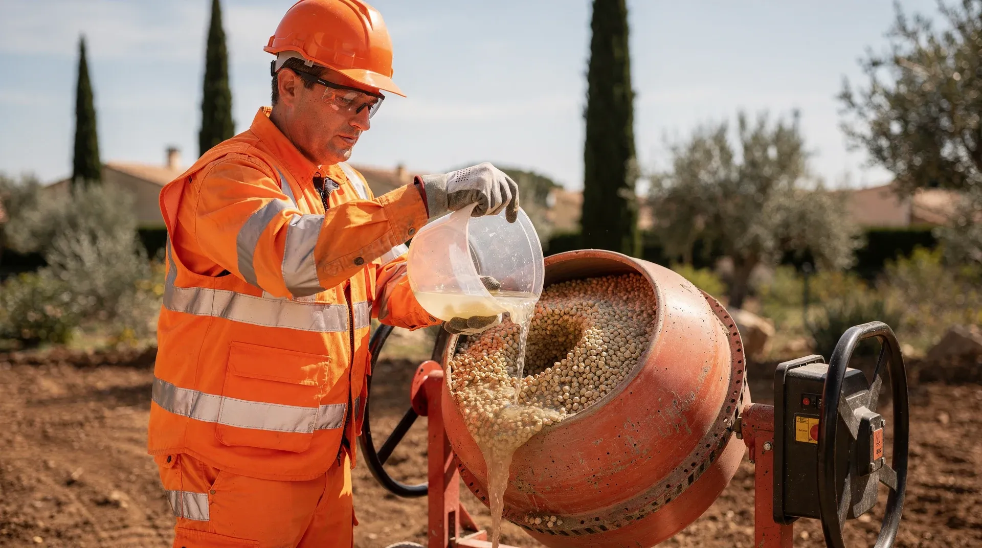 Mélange de résine polyuréthane transparente avec des granulats de quartz en bétonnière