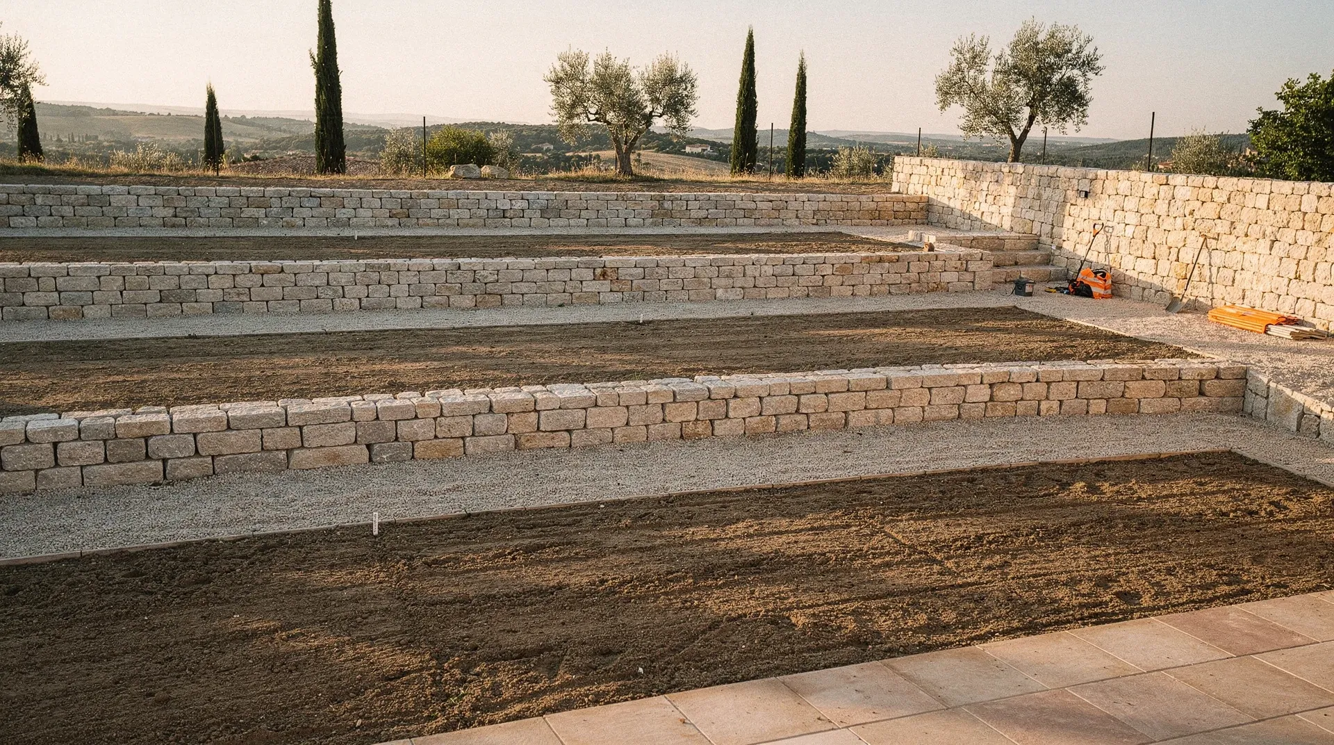 Jardin terrassé en trois paliers avec murets en pierre sèche, prêt à planter