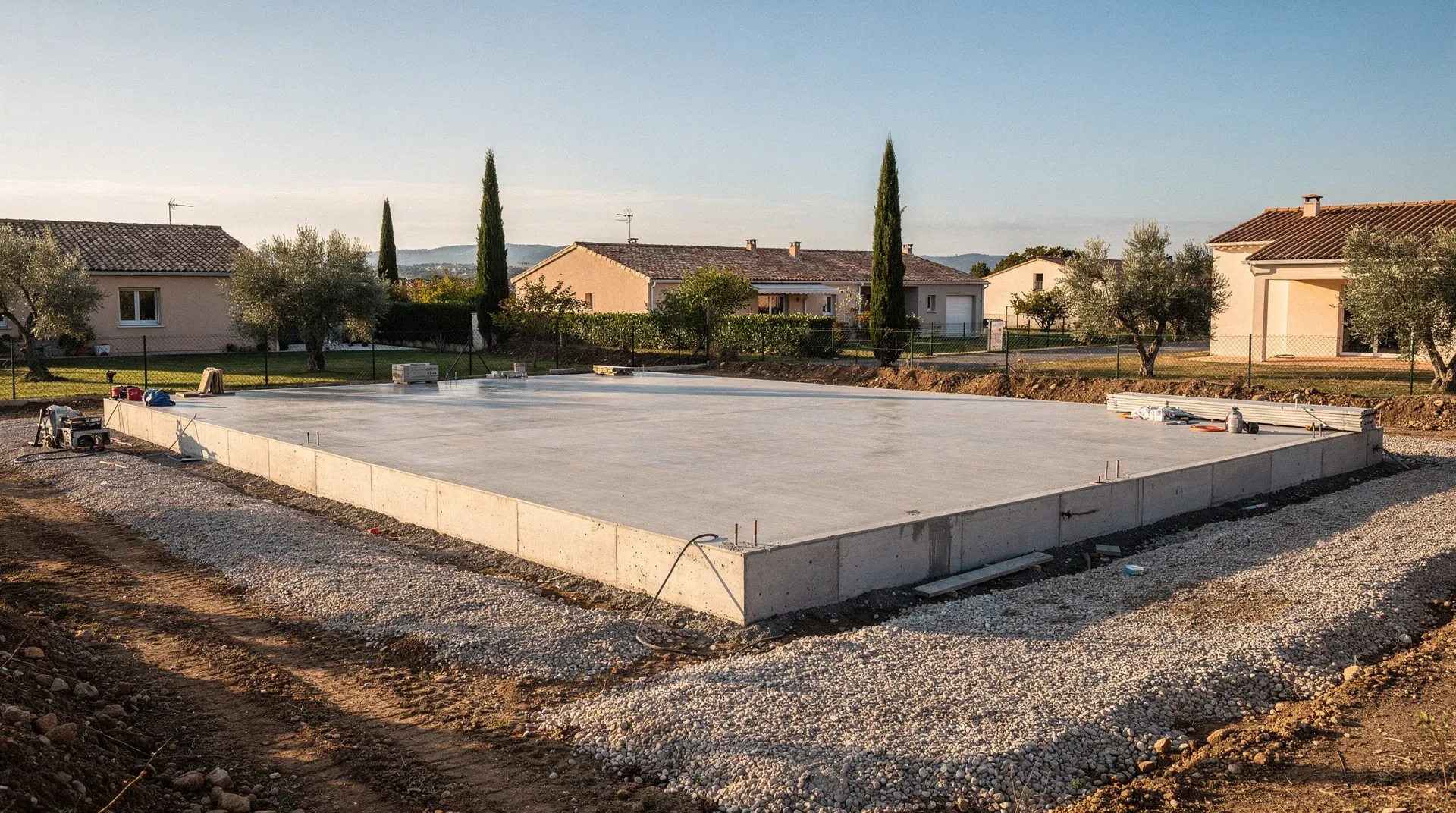 Dalle de fondation coulée et nivelée, prête pour la prochaine phase de construction