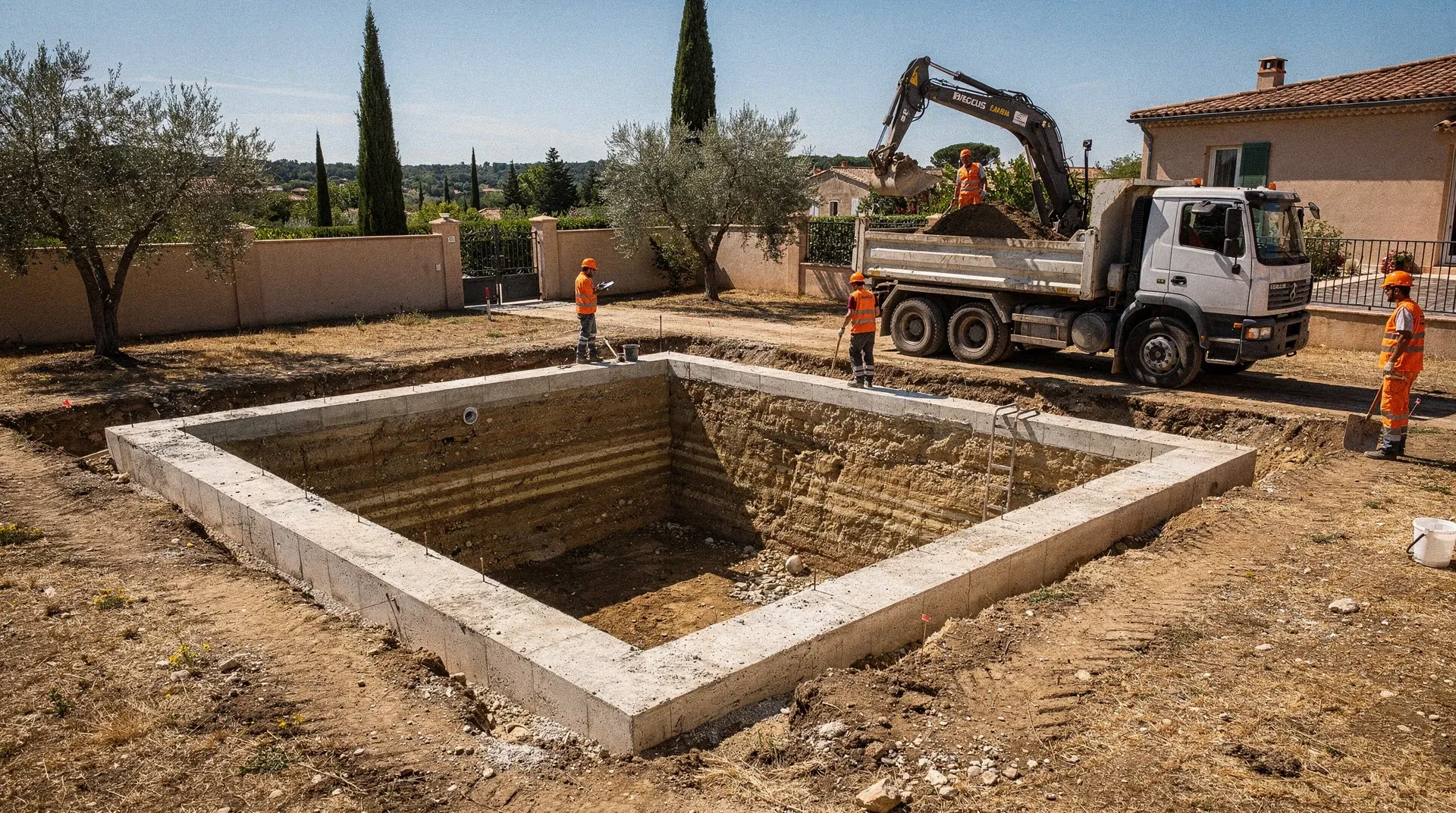Excavateur 12 tonnes creusant la fosse rectangulaire d'une piscine privée