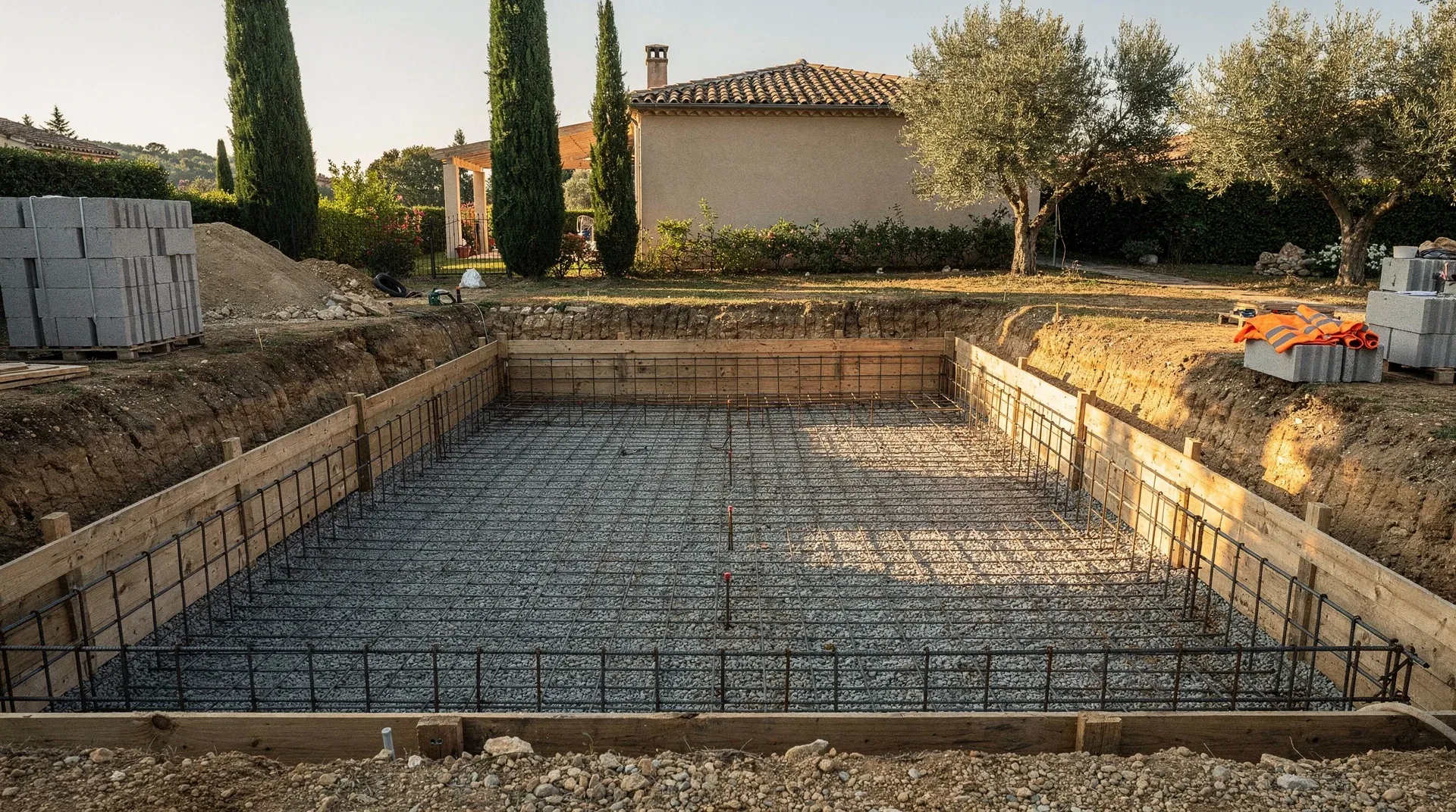 Fouille de piscine préparée avec lit de gravier compacté et ferraillage installé
