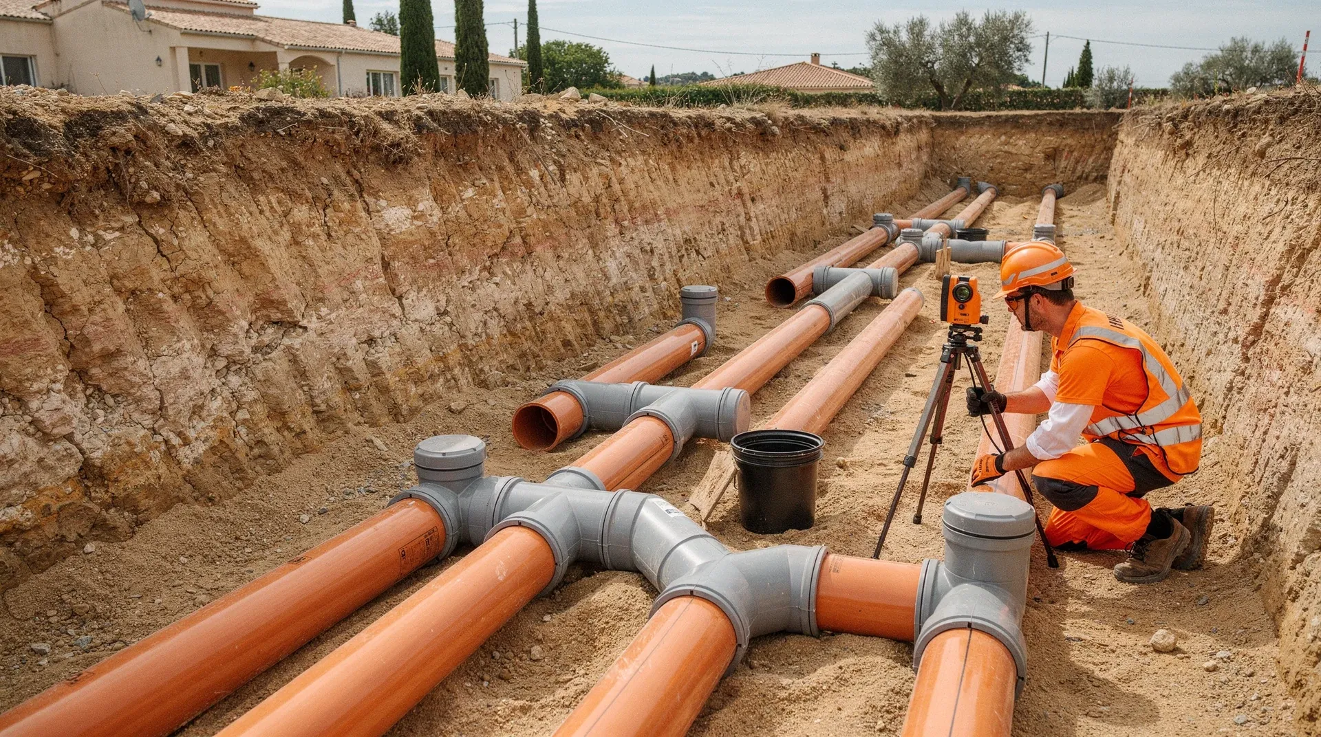 Canalisations PVC d'assainissement posées sur lit de sable dans une tranchée