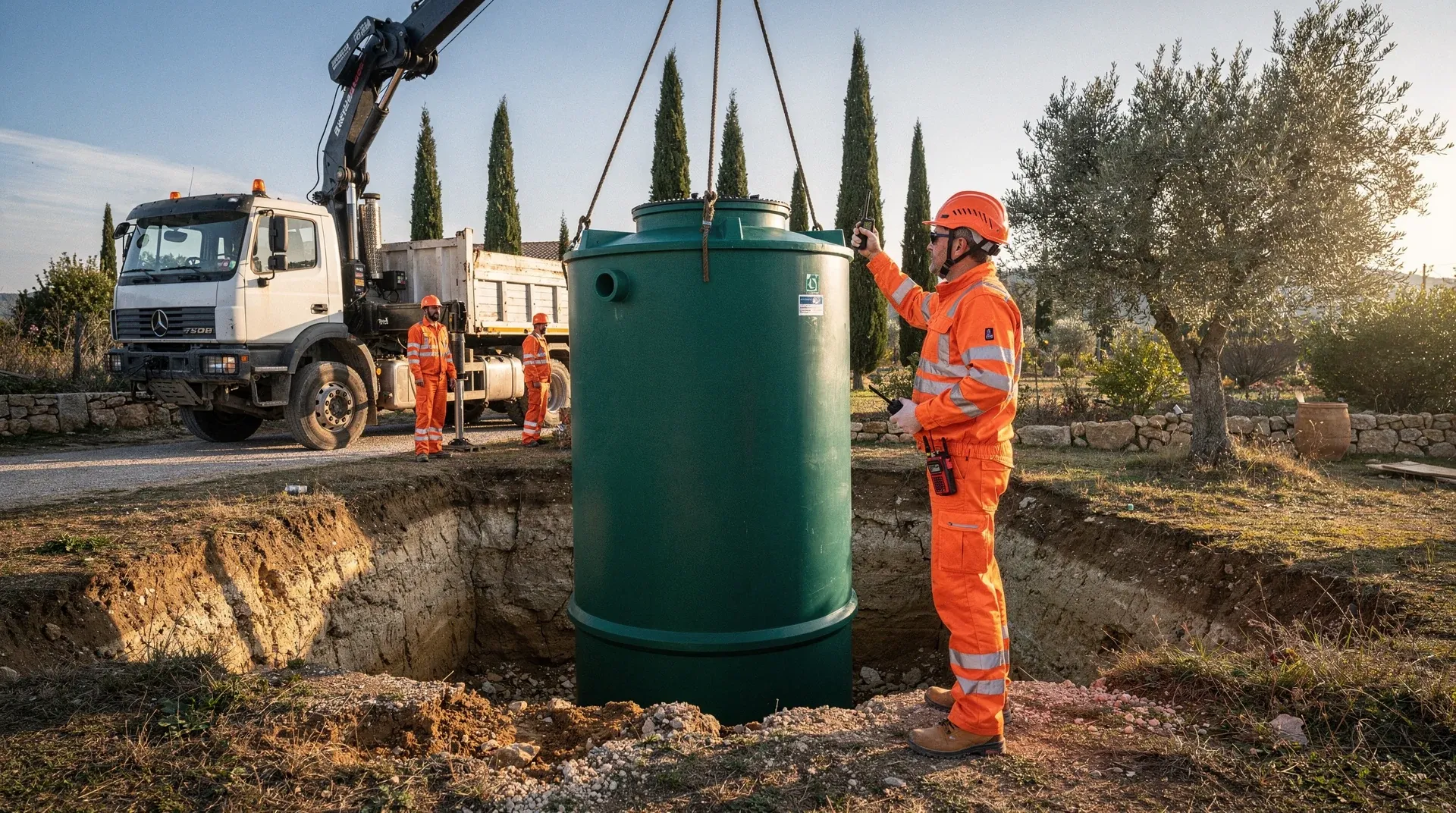 Micro-station d'épuration en cours d'installation par grue dans un jardin privé