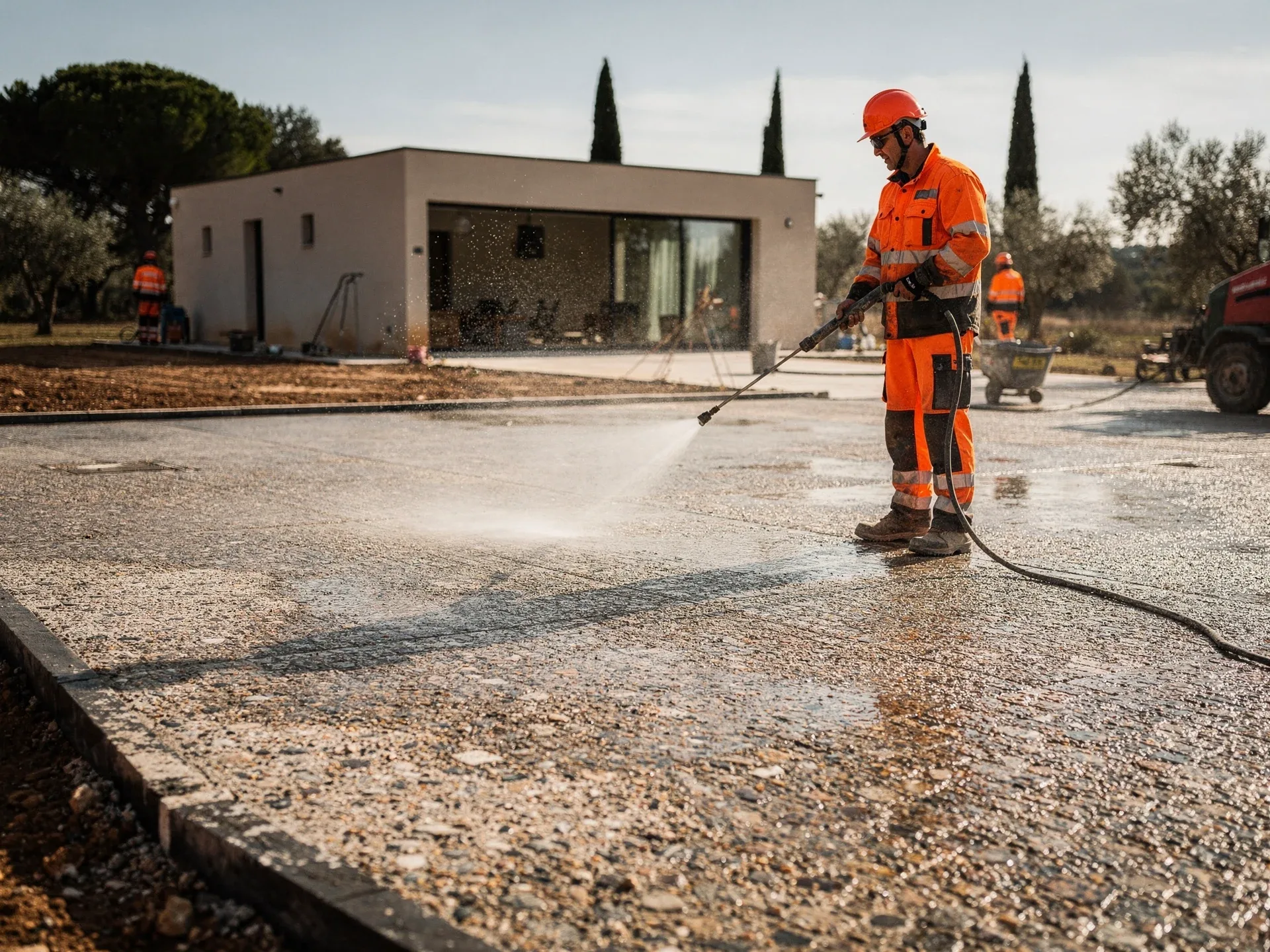 Allée en béton désactivé fraîchement lavée révélant les granulats
