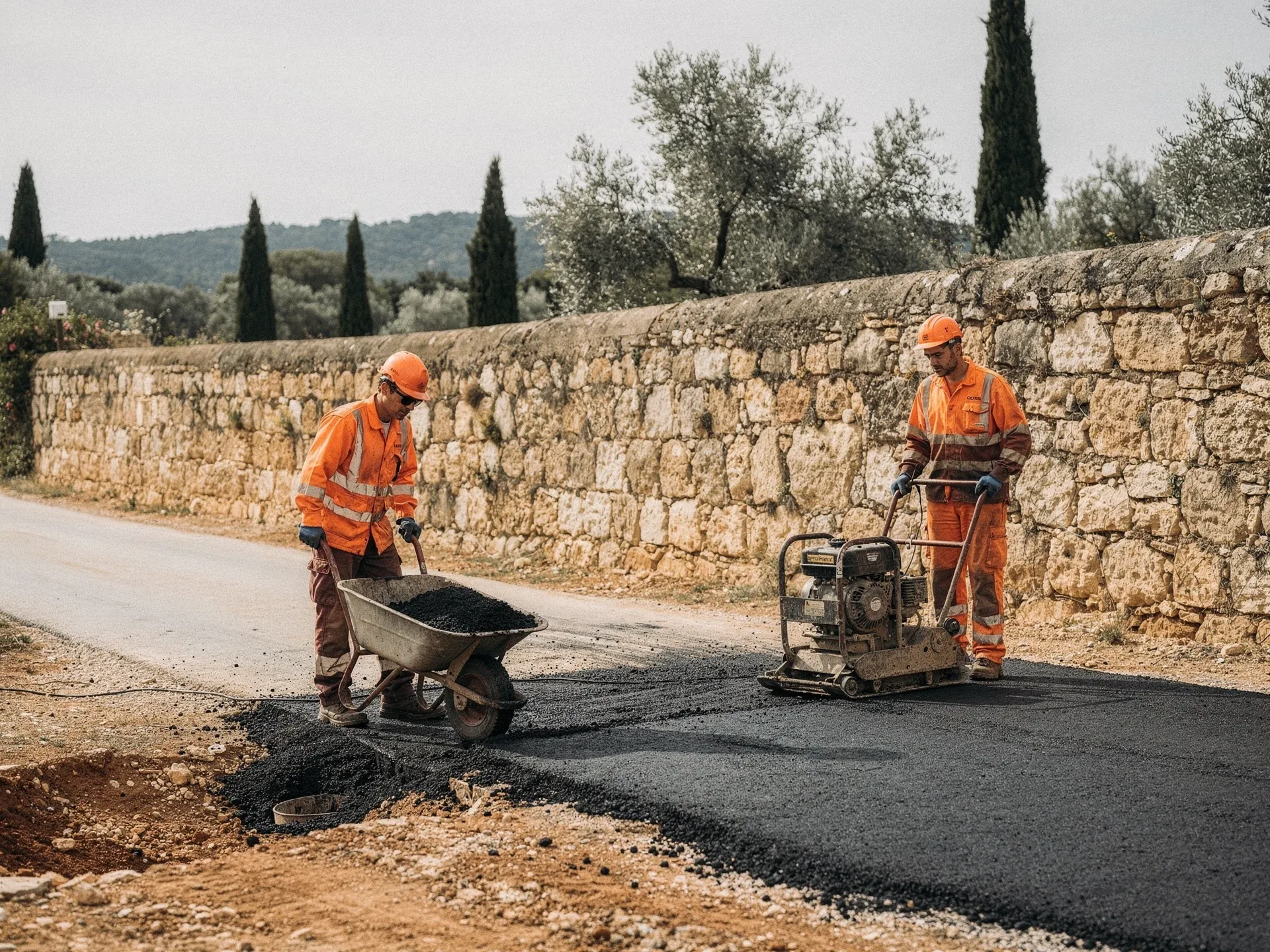 Application de bitume à froid sur une allée en Haute-Garonne