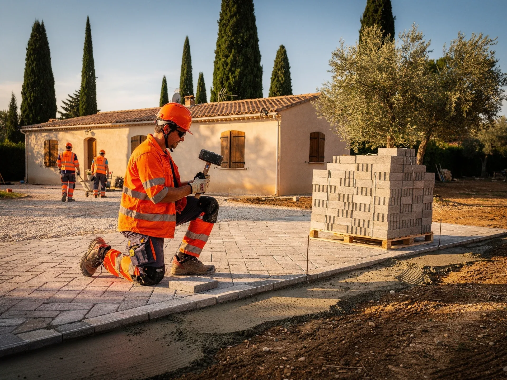 Pose de pavés en motif herringbone pour une allée carrossable