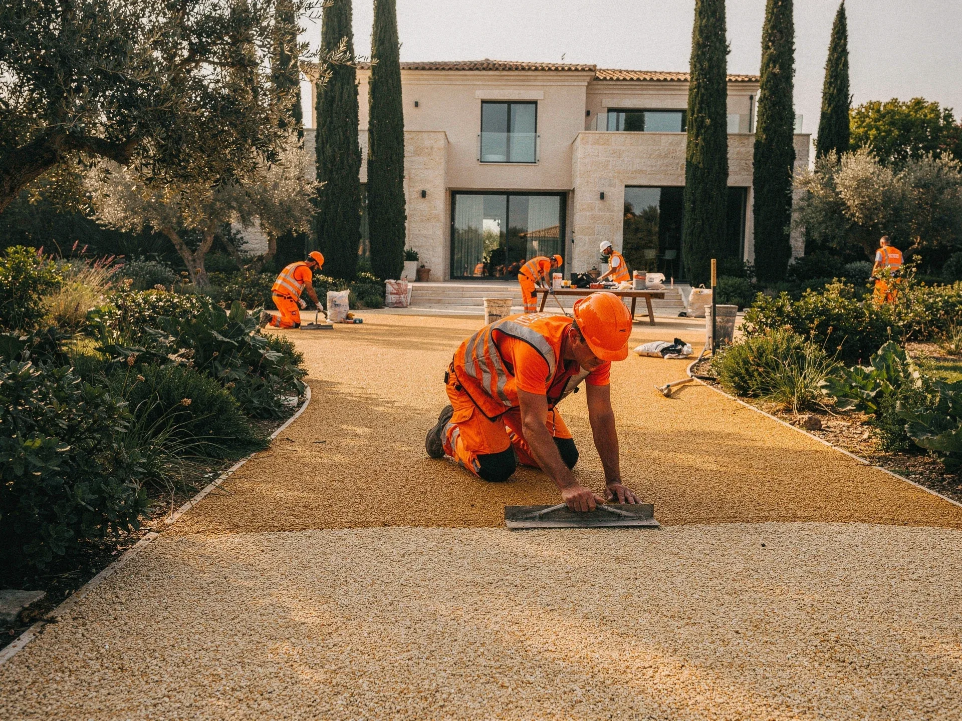 Allée en résine drainante ocre dans un jardin haut de gamme en Haute-Garonne