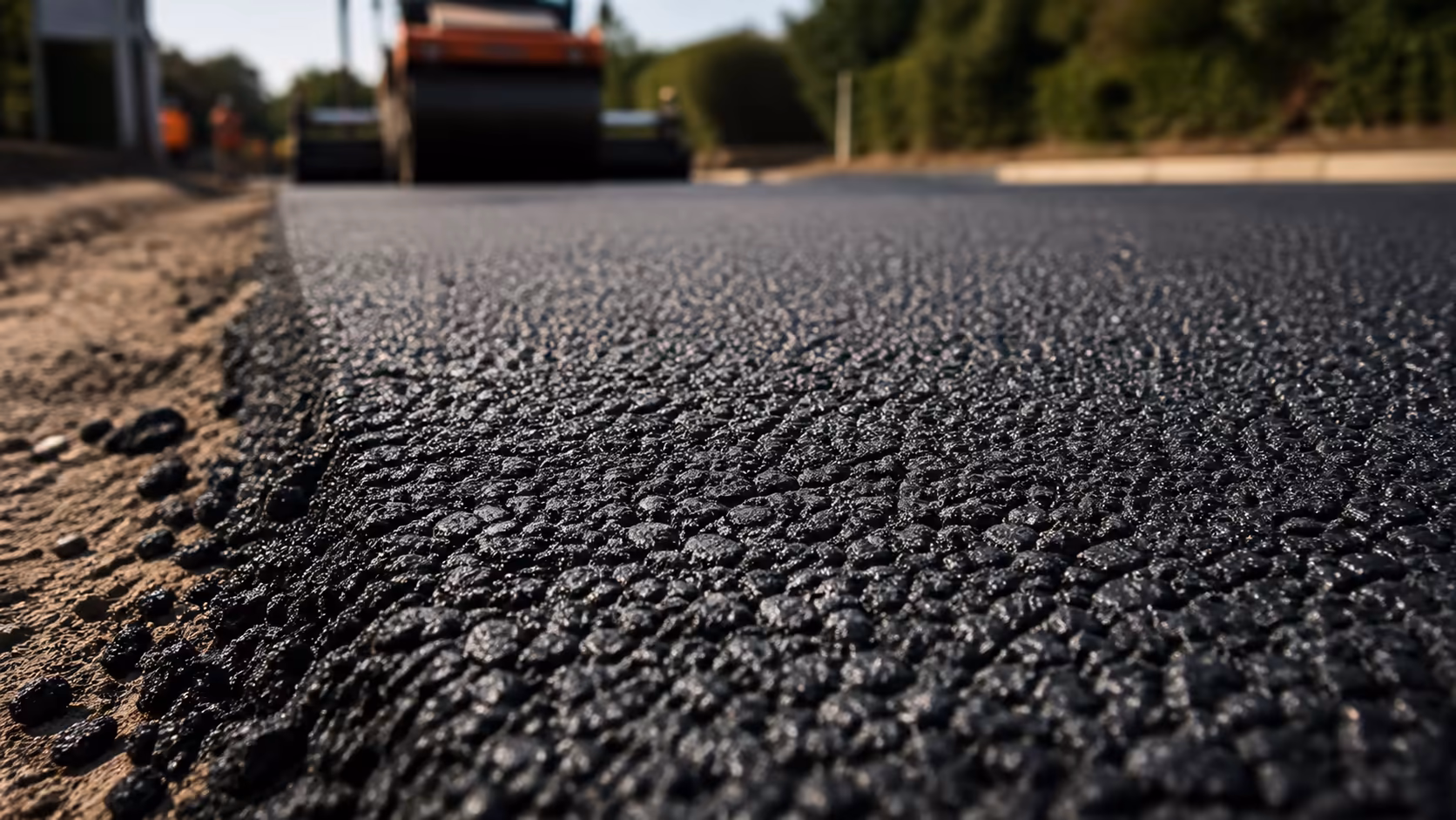 Détail granulométrique d'un enrobé à chaud BBSG 0/10 fraîchement compacté avec textures et grains visibles