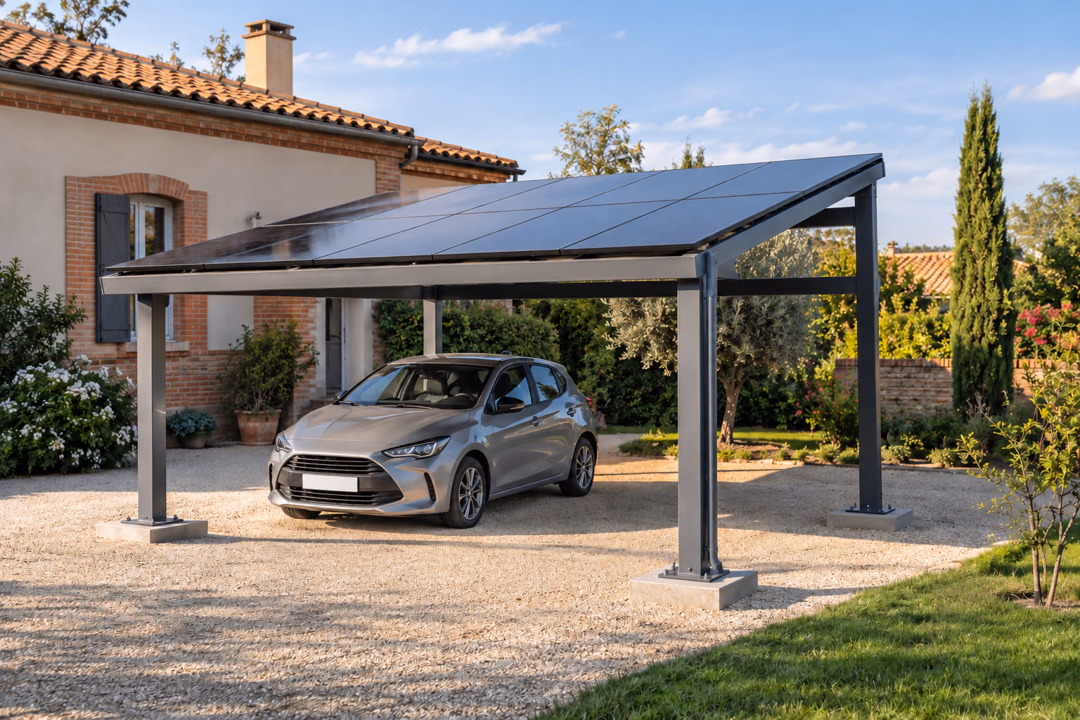 Carport solaire en acier couvert de panneaux photovoltaïques noirs, une voiture garée dessous, poteaux boulonnés sur des massifs béton affleurant un sol gravillonné devant une maison en briques