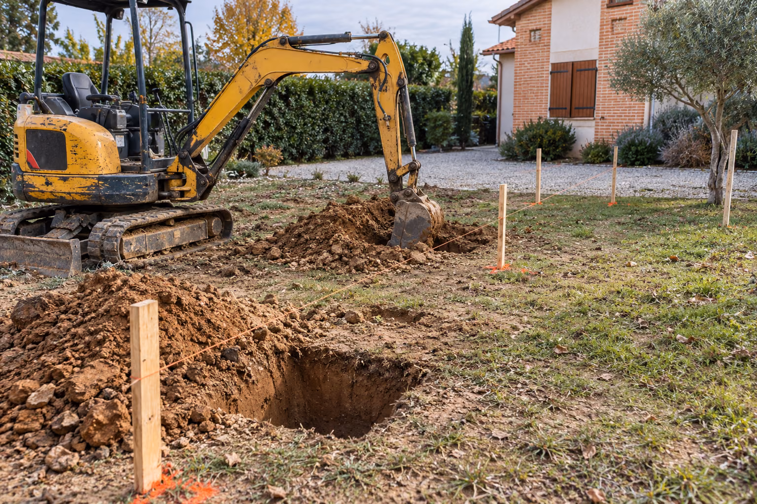 Mini-pelle creusant les fouilles alignées des massifs béton d'un carport solaire dans le jardin d'une maison en briques près de Toulouse, piquets et cordeau d'implantation au premier plan