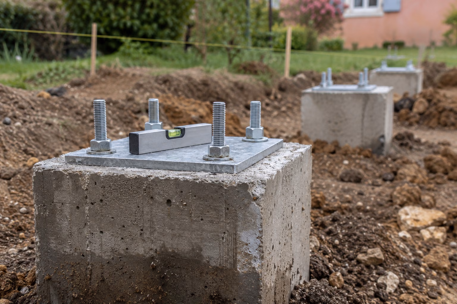 Massif de fondation en béton fraîchement décoffré avec platine d'ancrage en acier galvanisé, quatre tiges filetées et niveau à bulle, autres massifs alignés au cordeau en arrière-plan