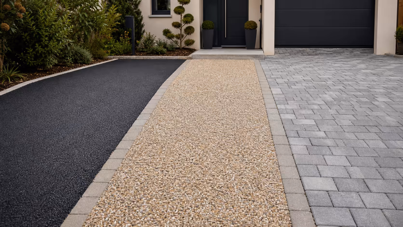 Trois portions d'allée carrossable côte à côte : à gauche enrobé à chaud noir lisse, au centre béton désactivé beige avec gravillons apparents, à droite pavé béton gris en quinconce, devant une maison individuelle