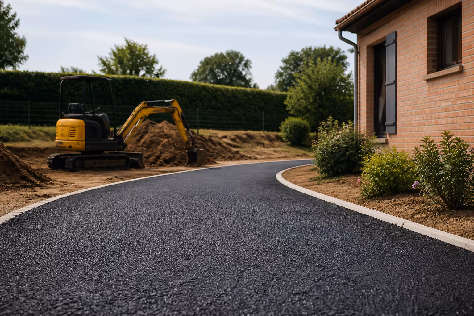 Allée carrossable en enrobé noir devant une maison individuelle en briques d&#39;Occitanie, terrain plat, mini-pelle jaune en arrière-plan sur le chantier de terrassement