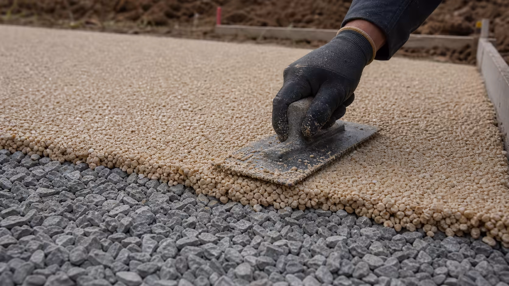 Détail technique d'une résine drainante en cours de pose : granulats de marbre beige mélangés au liant polyuréthane appliqués à la truelle sur une couche drainante en concassé