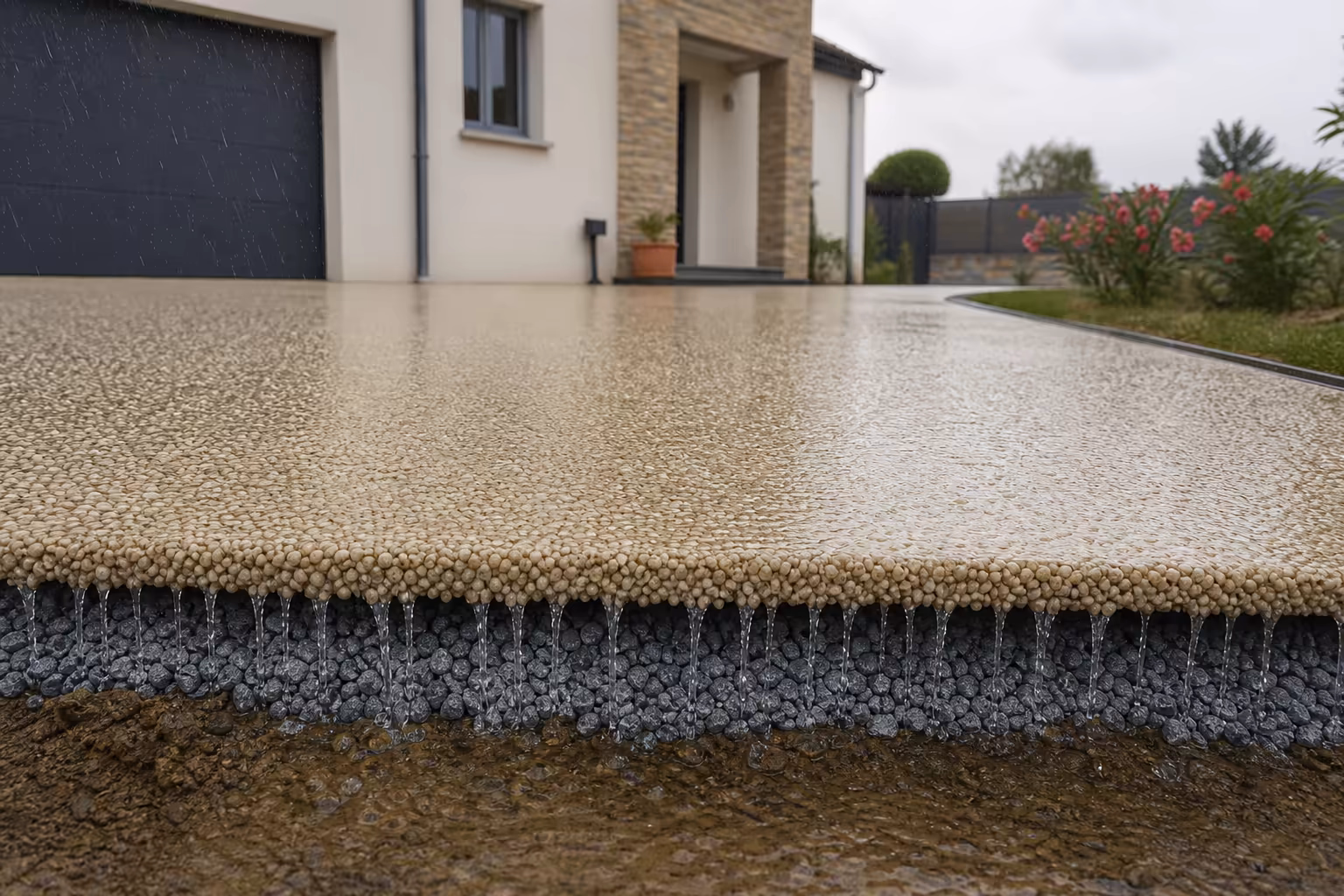 Allée résidentielle revêtue en résine drainante beige clair devant une maison individuelle en Haute-Garonne, eau de pluie en train de s&#39;infiltrer dans le granulat